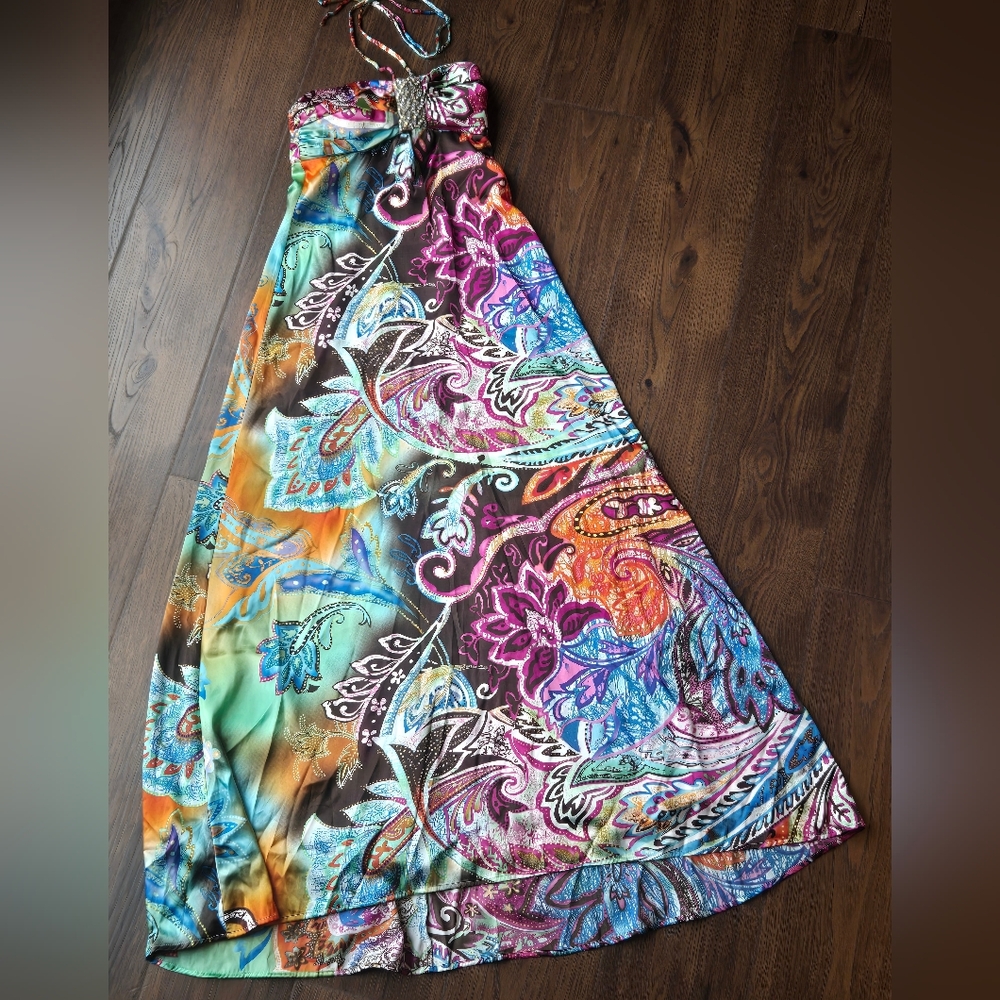 NWT XOXO Multicolor Paisley Maxi Halter Satin Dress Y2K Size 3